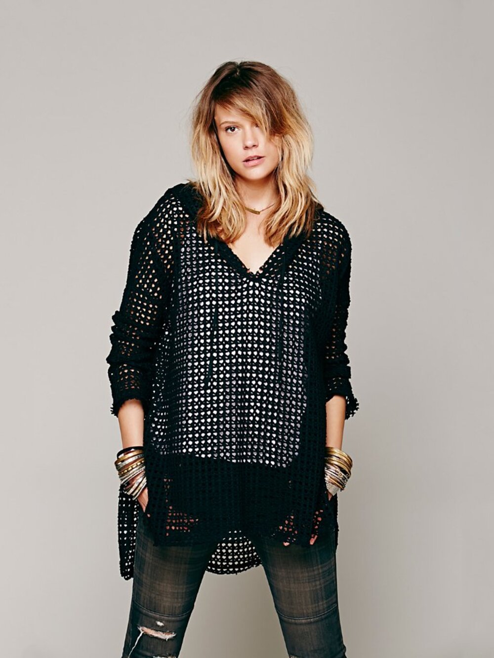 Free People FP Beach Mara Crochet Pullover in Black - sz XS/S